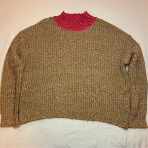 Anthropologie Tan Sweater with Red Cowl Neck